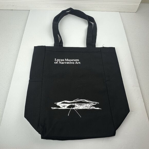 GEORGE LUCAS MUSEUM OF NARRATIVE ART Illustrated Spaceship Black Canvas Tote Bag - Picture 1 of 5